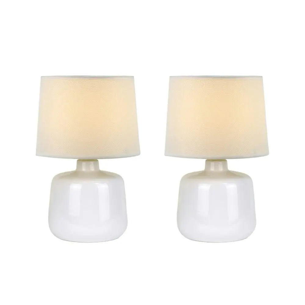 Bright Nurture Set of 2 Minimalist Ivory Ceramic Table Lamp Light Linen Drum Shade - White