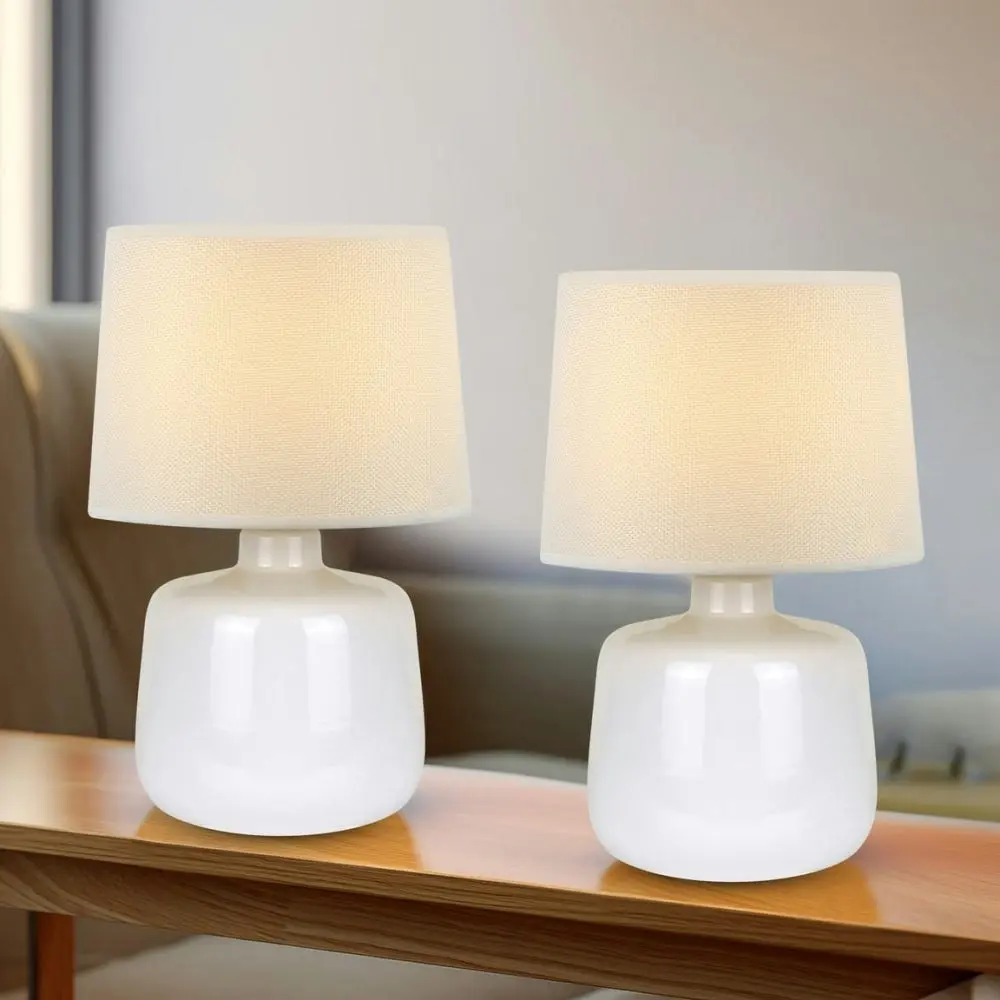 Bright Nurture Set of 2 Minimalist Ivory Ceramic Table Lamp Light Linen Drum Shade - White