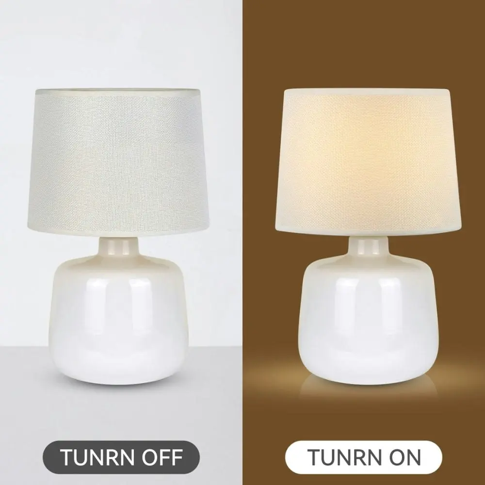 Bright Nurture Set of 2 Minimalist Ivory Ceramic Table Lamp Light Linen Drum Shade - White