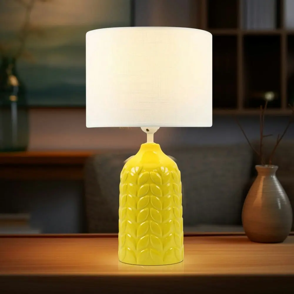 Benya Contemporary Patterned Ceramic Table Lamp Light Linen Drum Shade -  Yellow