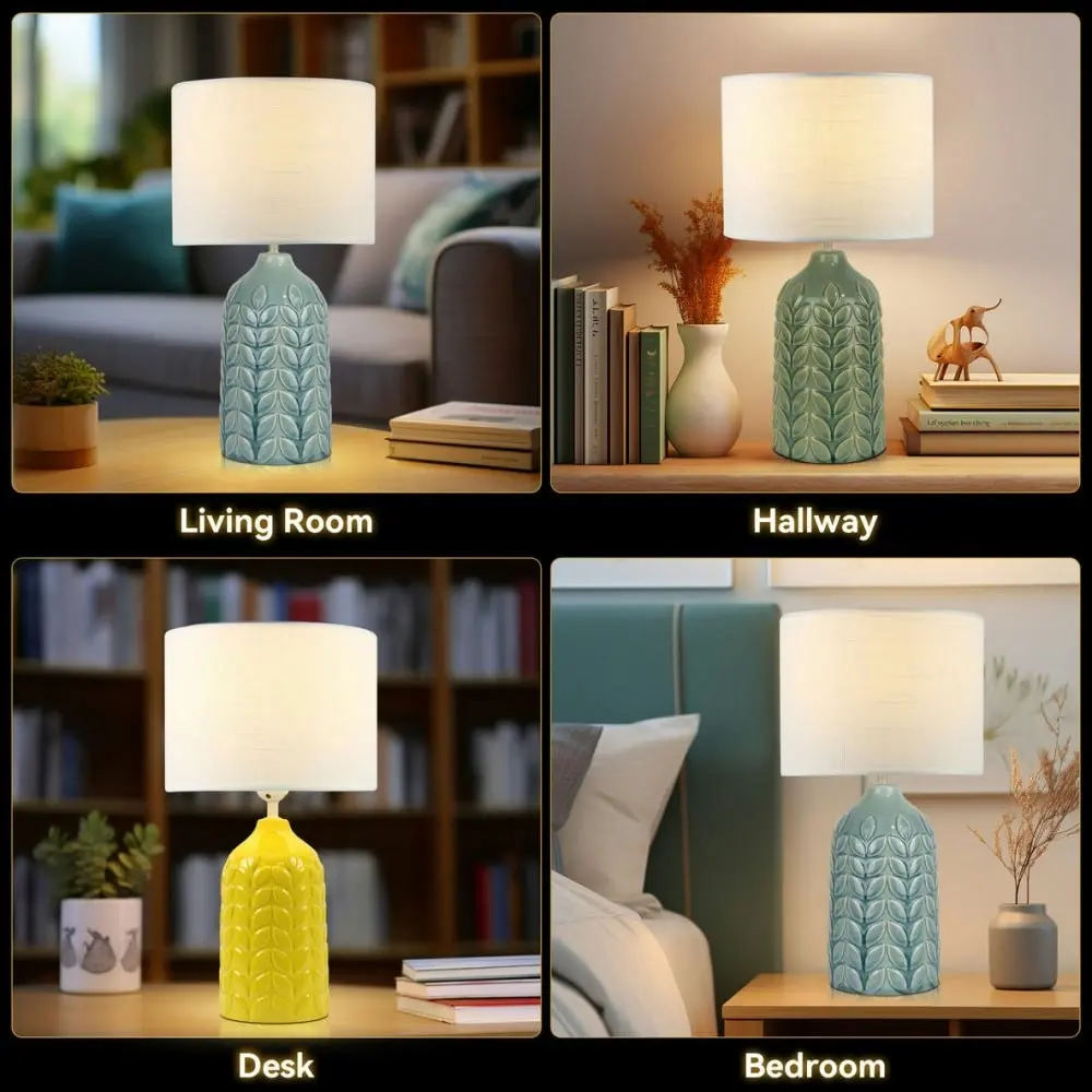 Benya Contemporary Patterned Ceramic Table Lamp Light Linen Drum Shade -  Green