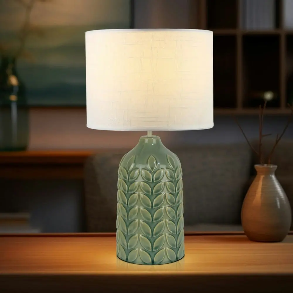 Benya Contemporary Patterned Ceramic Table Lamp Light Linen Drum Shade -  Green