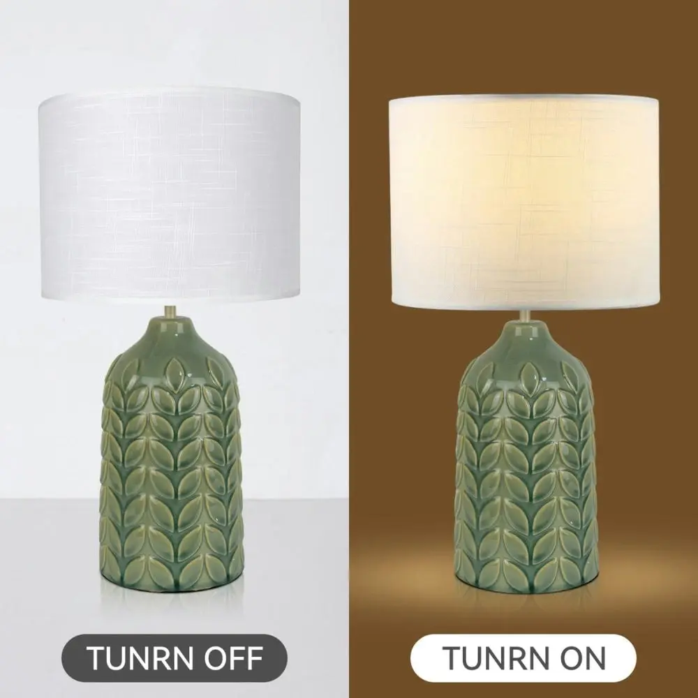 Benya Contemporary Patterned Ceramic Table Lamp Light Linen Drum Shade -  Green