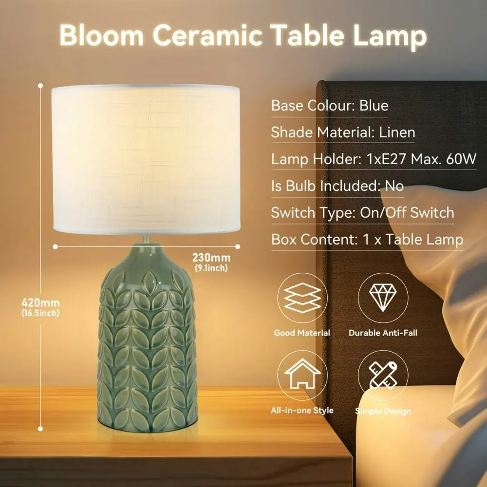 Benya Contemporary Patterned Ceramic Table Lamp Light Linen Drum Shade -  Green