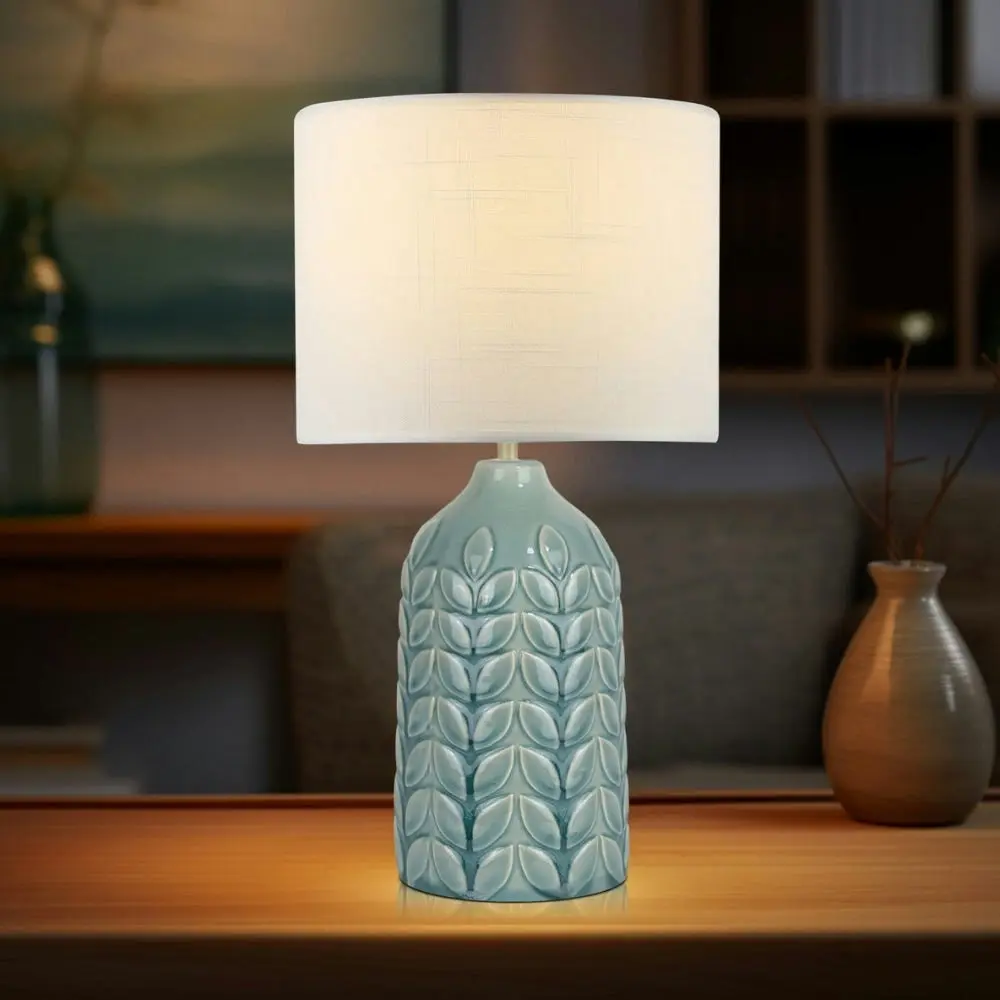 Benya Contemporary Patterned Ceramic Table Lamp Light Linen Drum Shade -  Blue