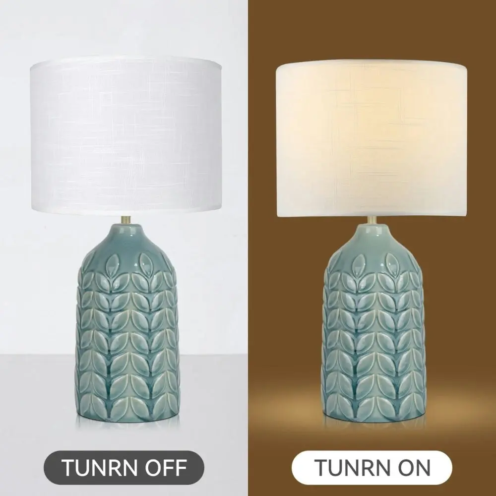 Benya Contemporary Patterned Ceramic Table Lamp Light Linen Drum Shade -  Blue