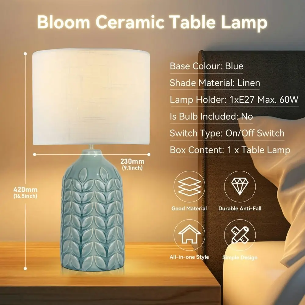 Benya Contemporary Patterned Ceramic Table Lamp Light Linen Drum Shade -  Blue