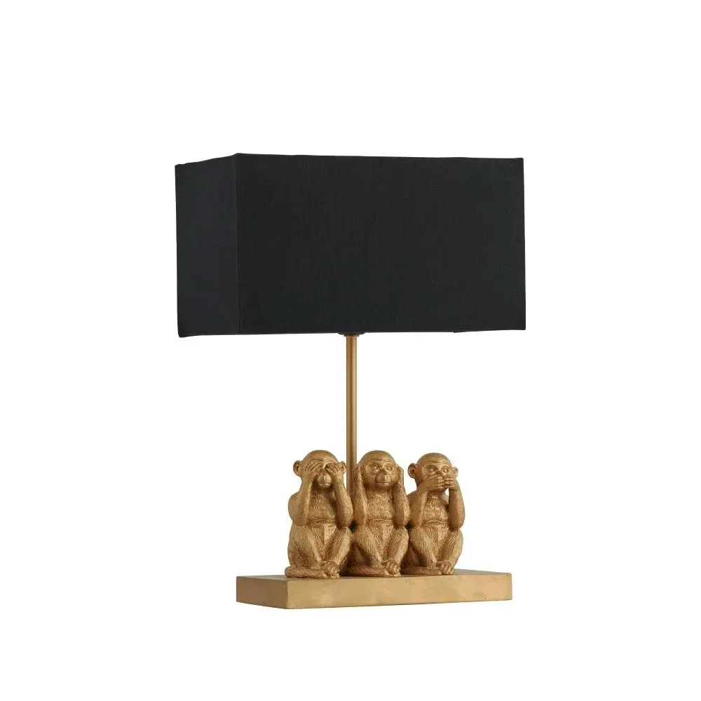 Everette Eclectic Accent Table Lamp Light with Three Wise Monkeys Fabric Shade - Gold and Black