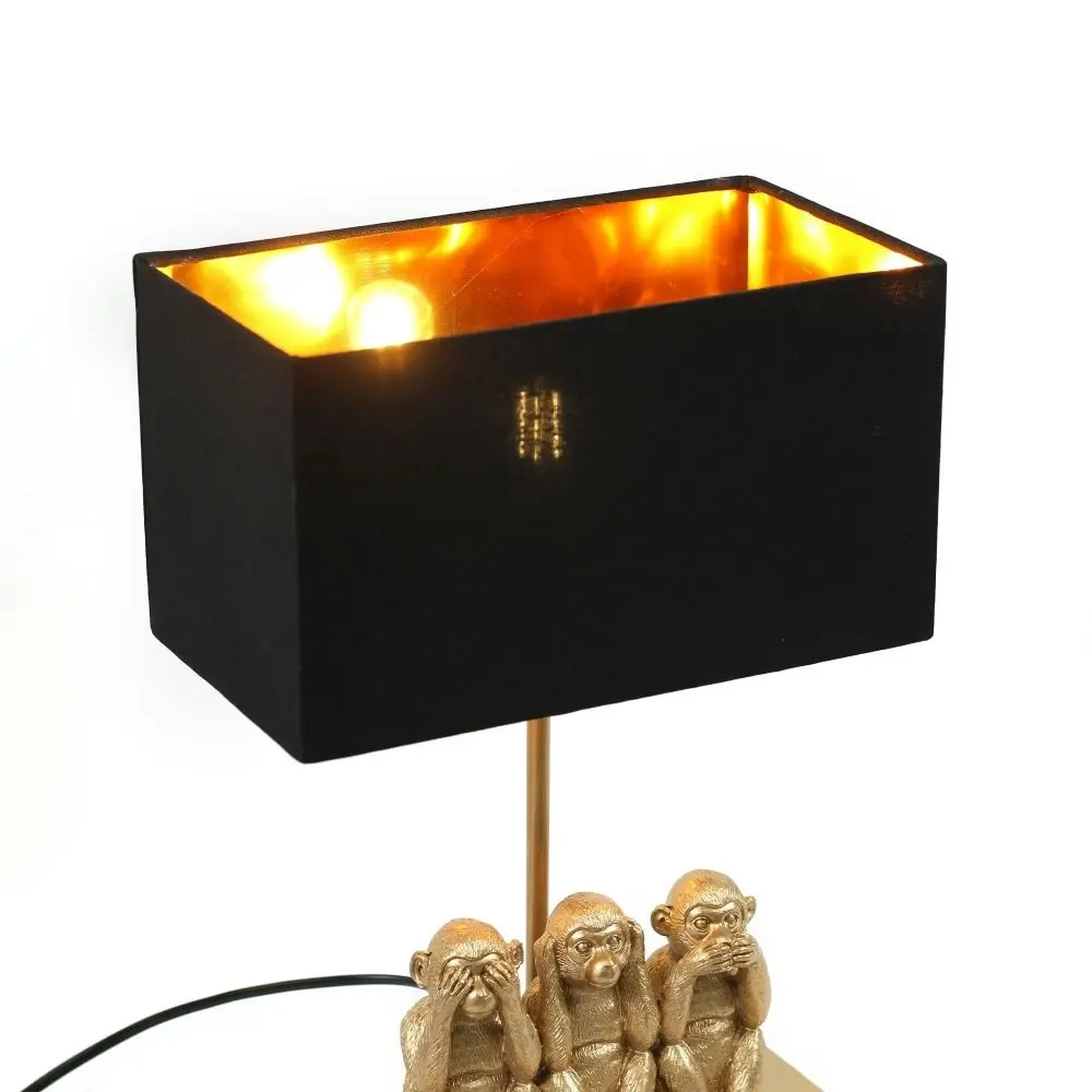 Everette Eclectic Accent Table Lamp Light with Three Wise Monkeys Fabric Shade - Gold and Black