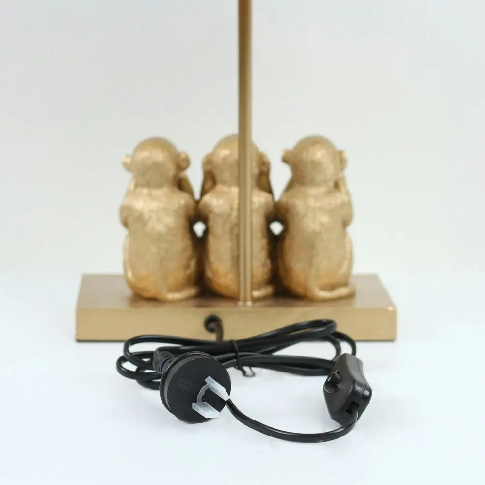 Everette Eclectic Accent Table Lamp Light with Three Wise Monkeys Fabric Shade - Gold and Black