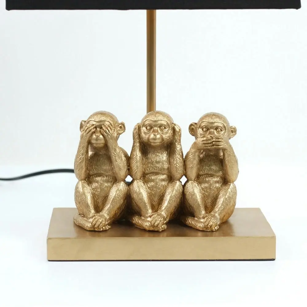 Everette Eclectic Accent Table Lamp Light with Three Wise Monkeys Fabric Shade - Gold and Black