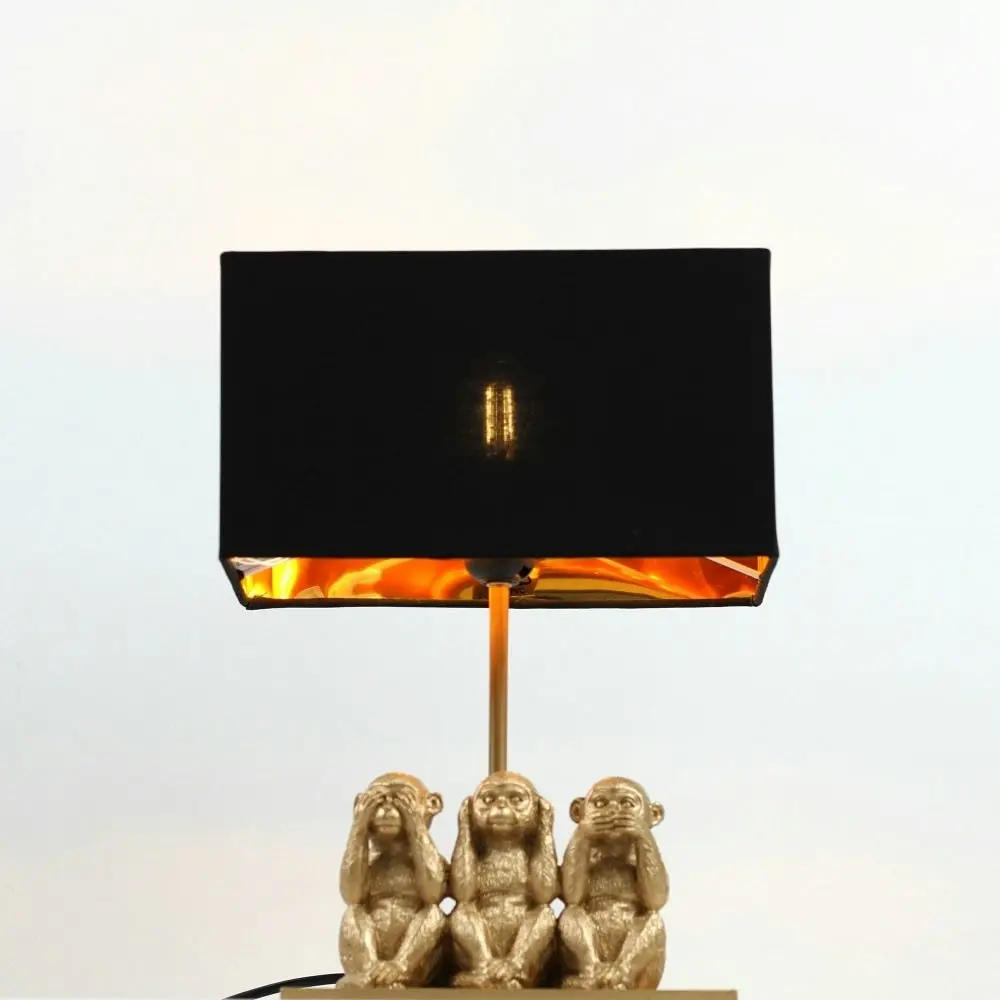 Everette Eclectic Accent Table Lamp Light with Three Wise Monkeys Fabric Shade - Gold and Black