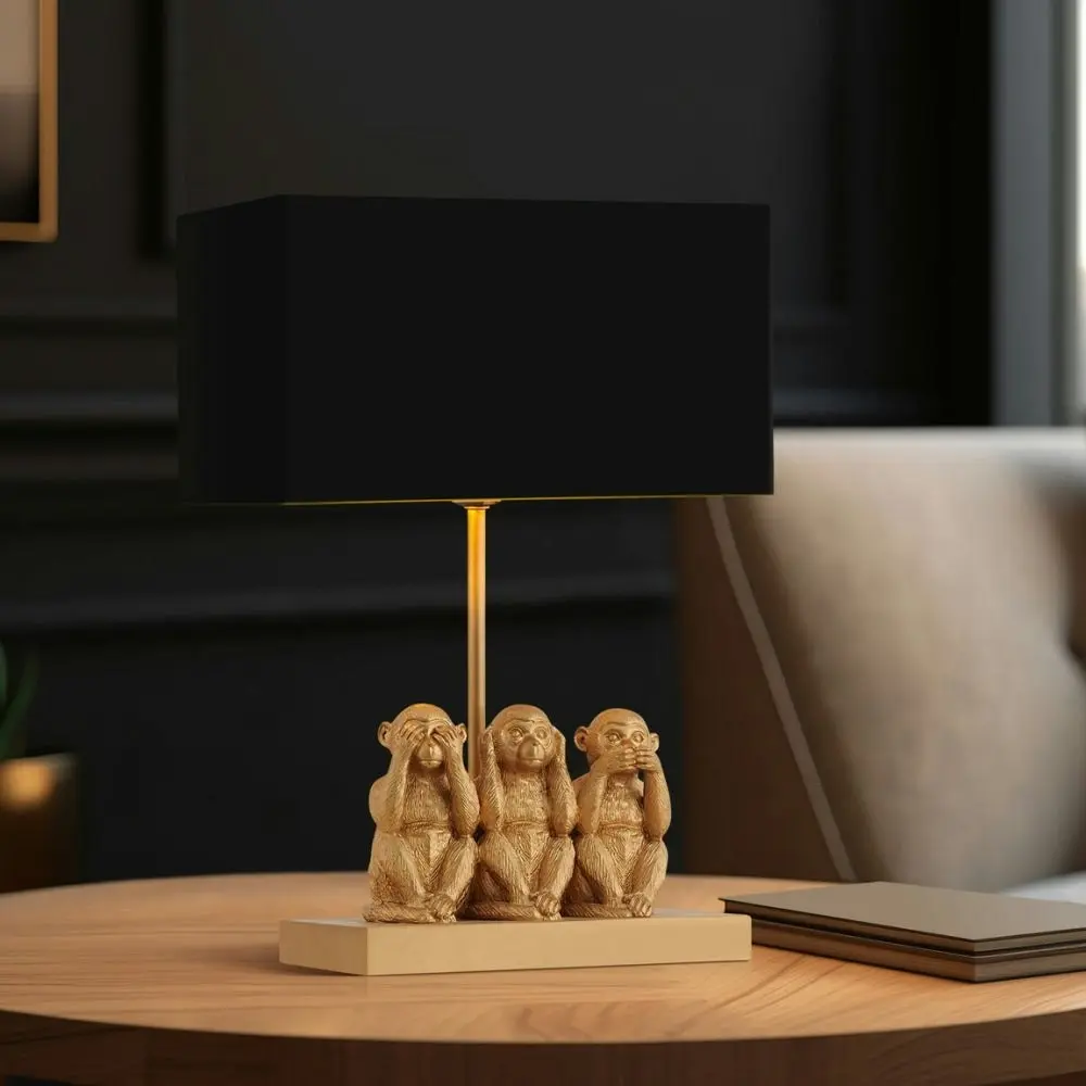 Everette Eclectic Accent Table Lamp Light with Three Wise Monkeys Fabric Shade - Gold and Black