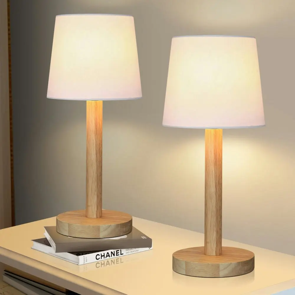 Gloei Duo Set of 2 Contemporary Wooden Table Desk Lamp Light Polyester Shade - White