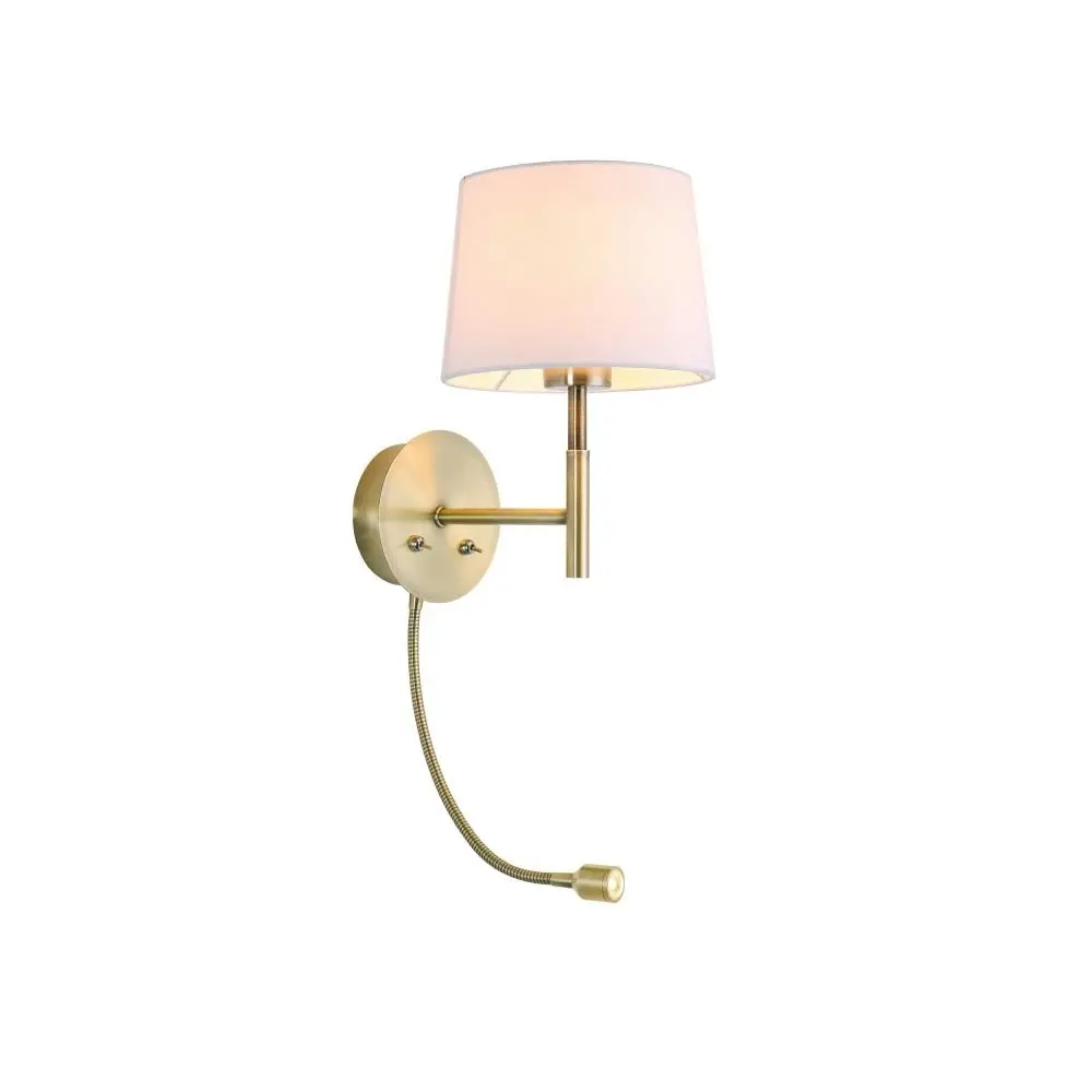 Corvell Slender Arm Wall Light Fabric Shade - Antique Brass