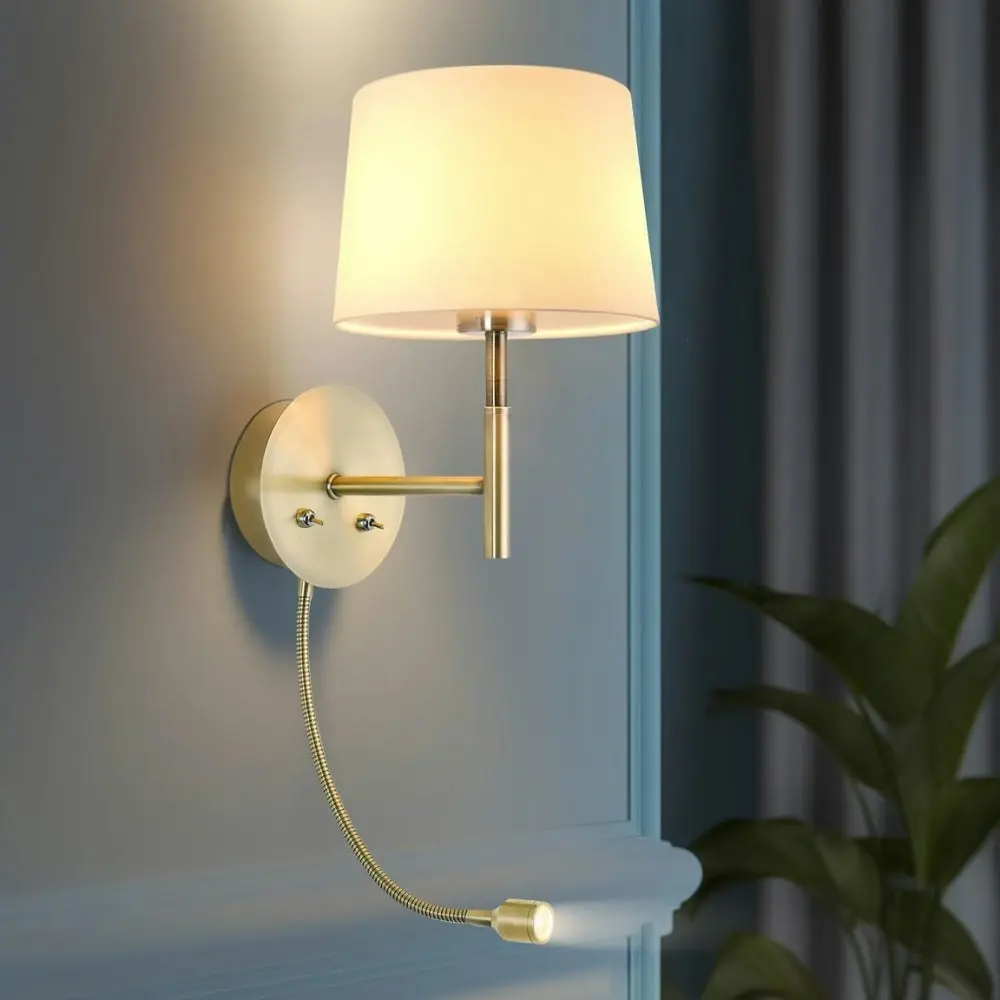 Corvell Slender Arm Wall Light Fabric Shade - Antique Brass