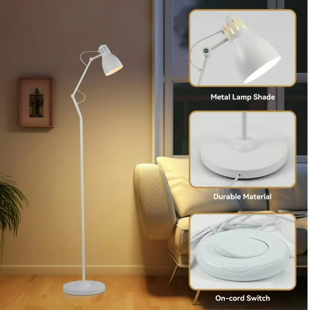 Intense Bright Classic Metal Floor Lamp Reading Light Adjustable Arms Metal Shade - White