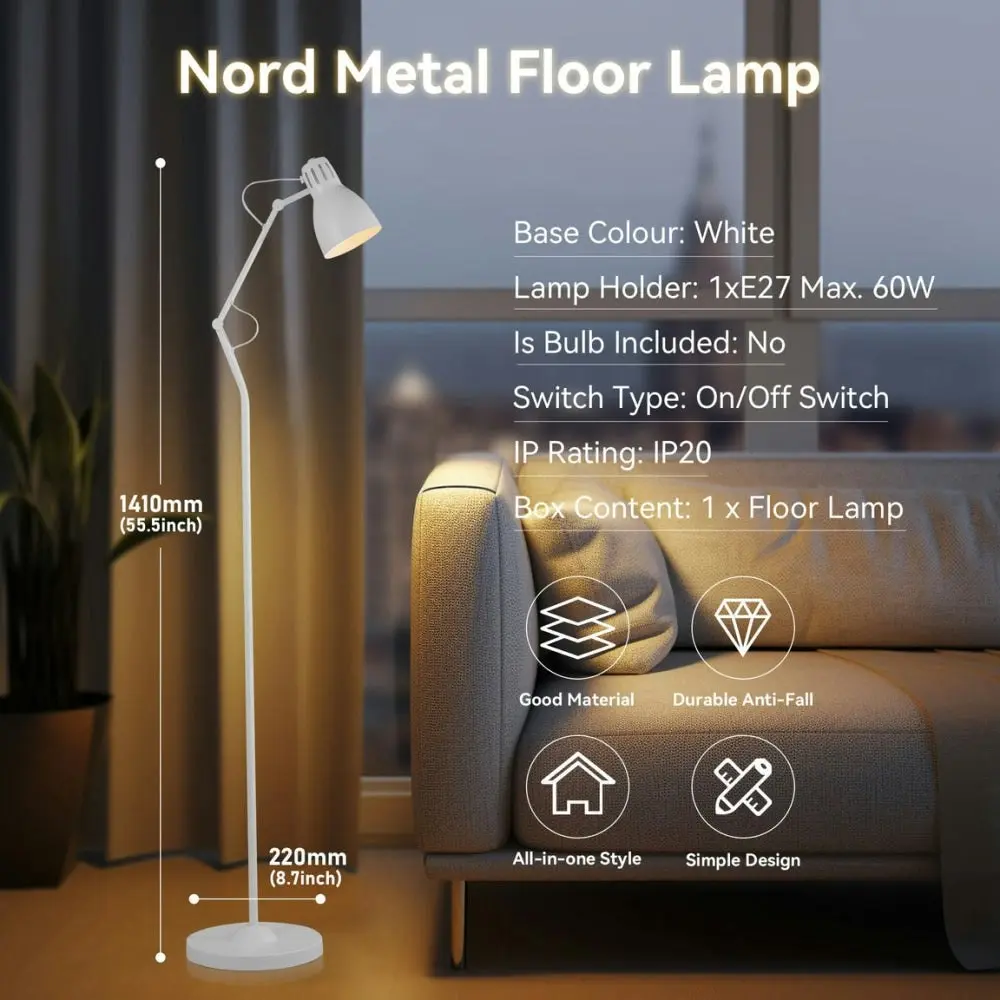 Intense Bright Classic Metal Floor Lamp Reading Light Adjustable Arms Metal Shade - White