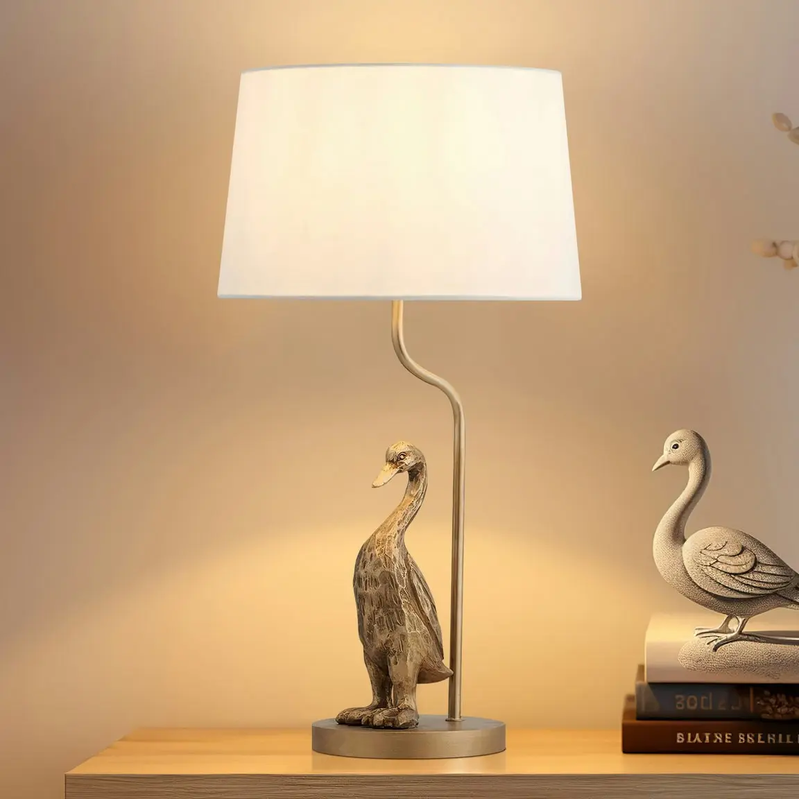 Kasey Standing Duck Table Lamp Light Fabric Shade - Pewter and Cream