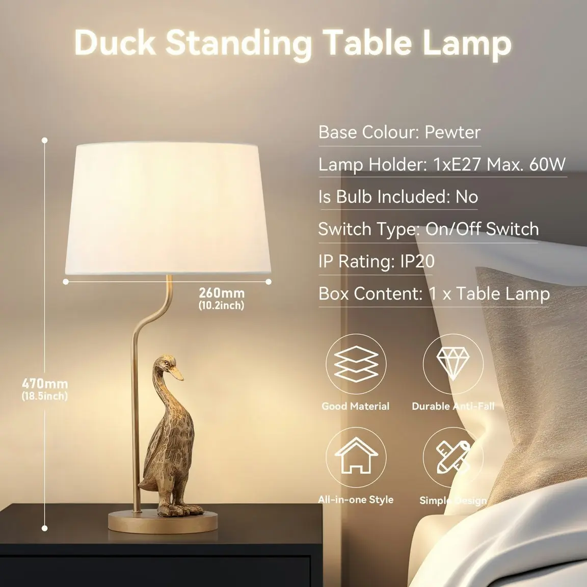 Kasey Standing Duck Table Lamp Light Fabric Shade - Pewter and Cream