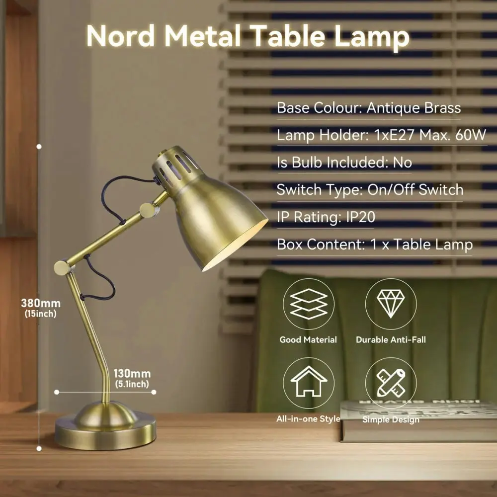 Intense Bright Classic Metal Table Desk Lamp Reading Light Adjustable Arms Metal Shade - Antique Brass