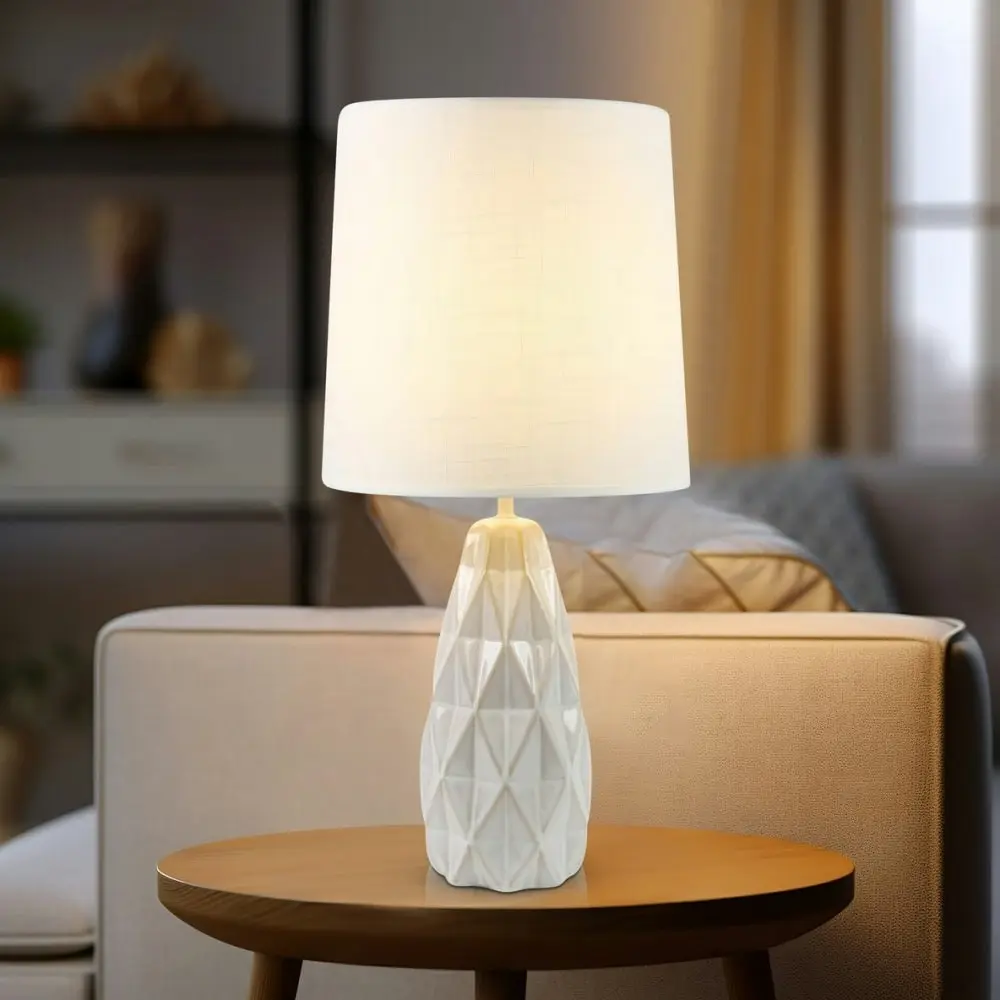 Belyse Modern Textured Ceramic Table Lamp Light Linen Drum Shade - White