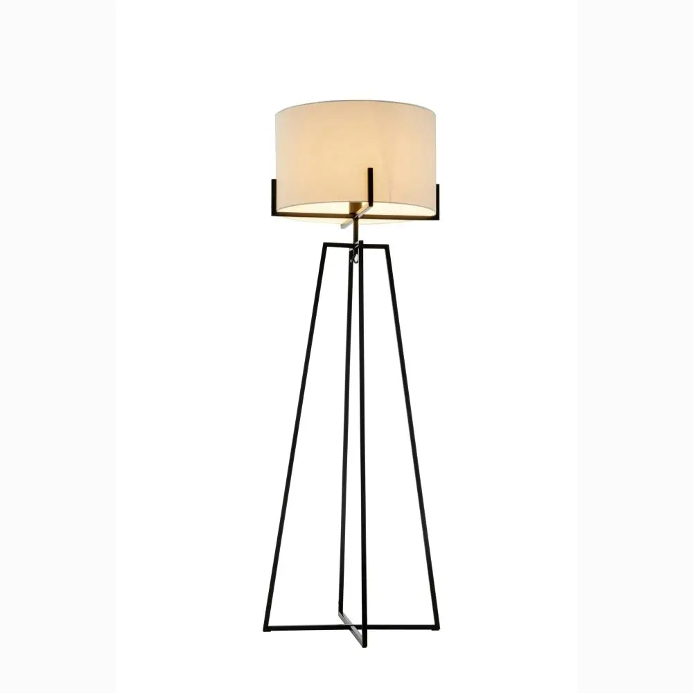 New Oriental Kay Matte Black Square-Edged Metal Dimmable Floor Lamp W/ Off White Linen Shade