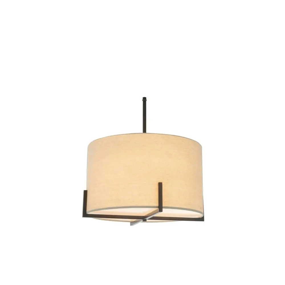 New Oriental Kay Matte Black Square-Edged Metal Pendant Hanging Lamp Off White Linen Shade