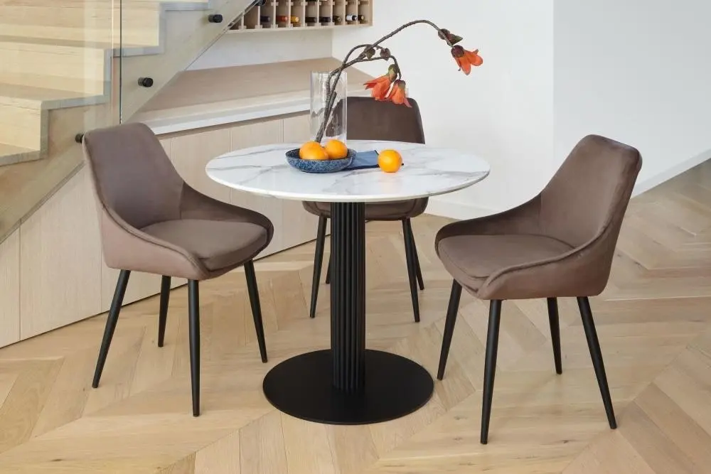 Raimon Furniture Rafael Round Dining Table With Marble Effect 90cm - Black Metal Frame - White Sevella