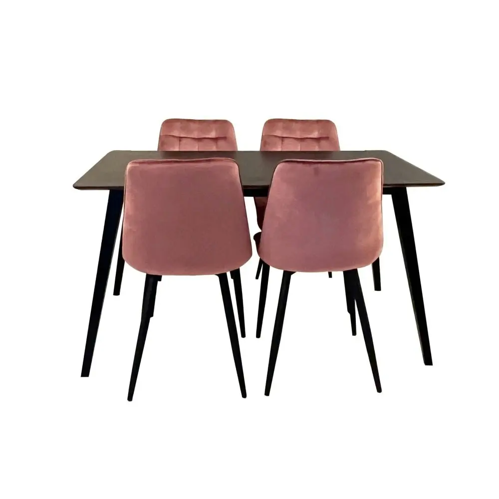 HomeStar Kanaka 5Pcs Dining Set Dining Table 140cm in Walnut W/ 4 Lumy Velvet Dining Chairs in Pink