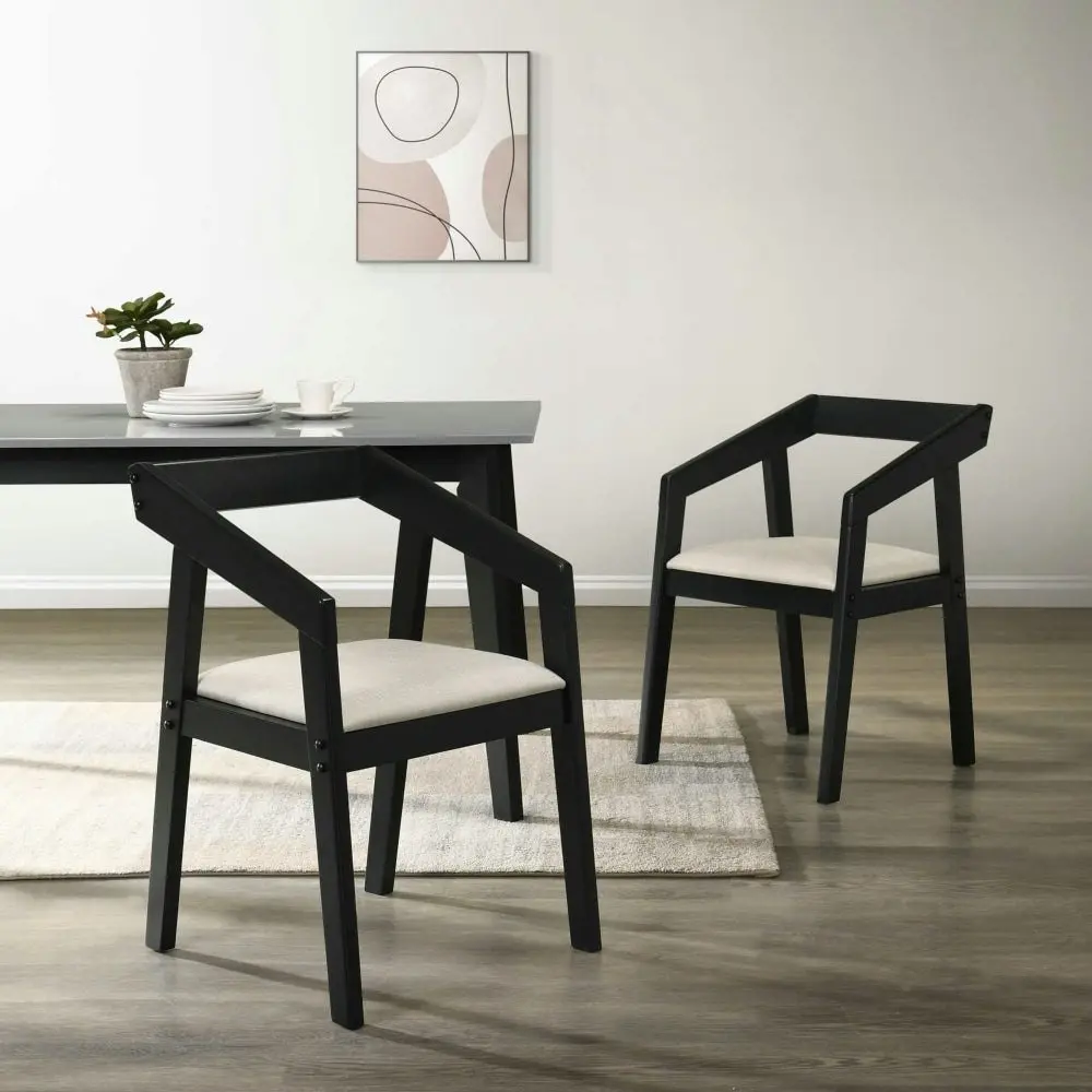 Set Of 2 Nico Fabric Wooden Kitchen Dining Chair Armchair - Black & Beige