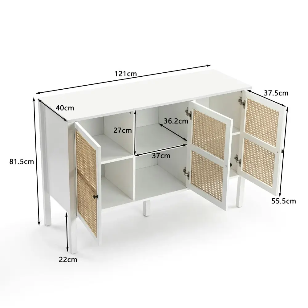 Design Square Lucien Sideboard Buffet Unit Storage Cabinet W/ 3-Doors - White/Rattan