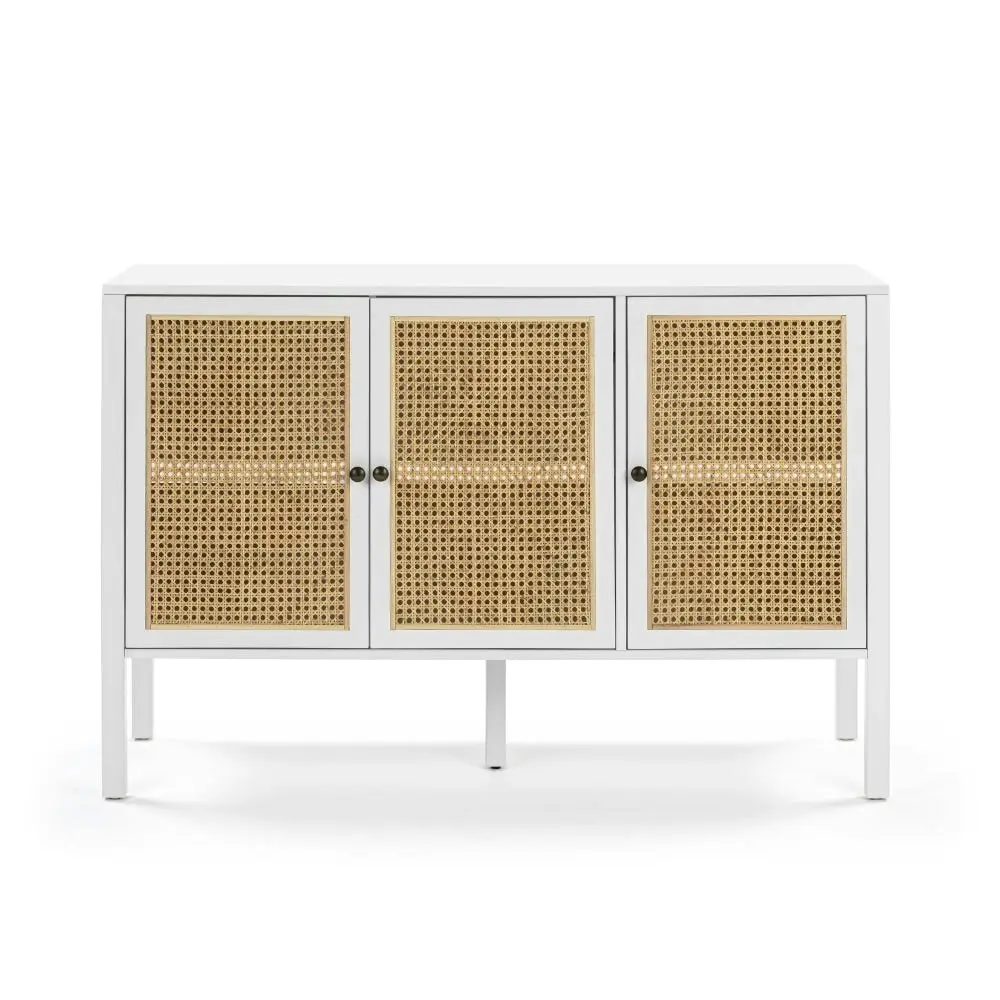 Design Square Lucien Sideboard Buffet Unit Storage Cabinet W/ 3-Doors - White/Rattan