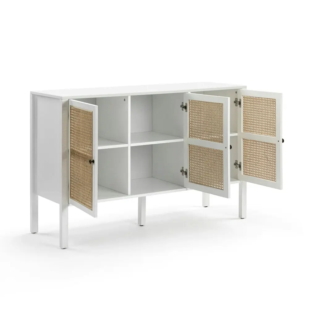 Design Square Lucien Sideboard Buffet Unit Storage Cabinet W/ 3-Doors - White/Rattan