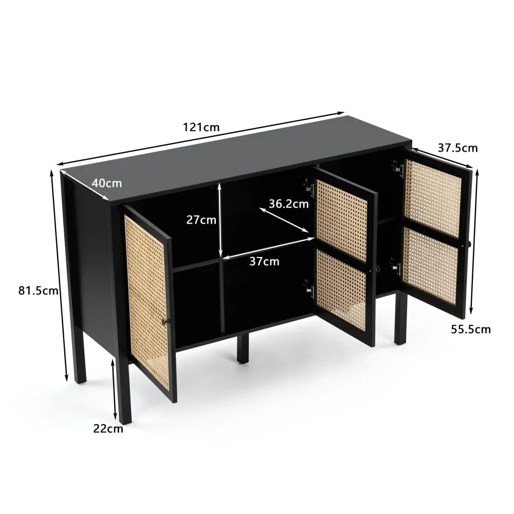 Design Square Lucien Sideboard Buffet Unit Storage Cabinet W/ 3-Doors - Black/Rattan