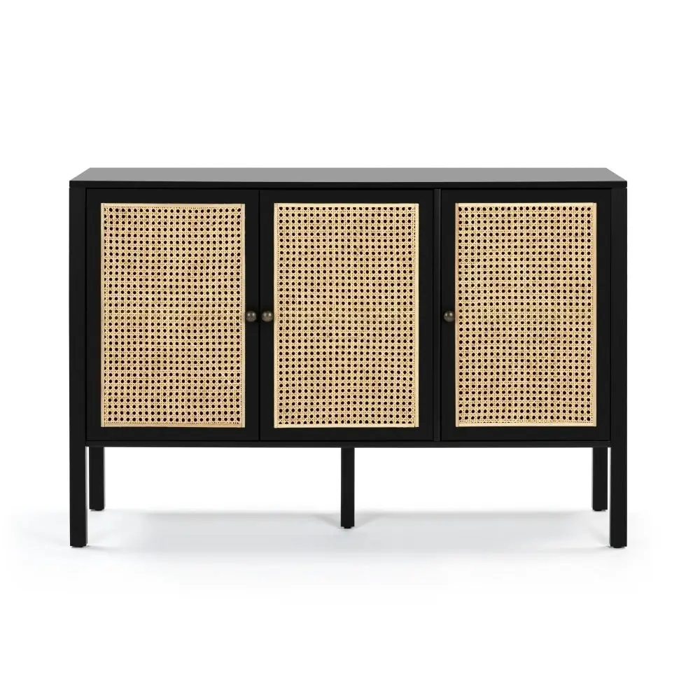 Design Square Lucien Sideboard Buffet Unit Storage Cabinet W/ 3-Doors - Black/Rattan