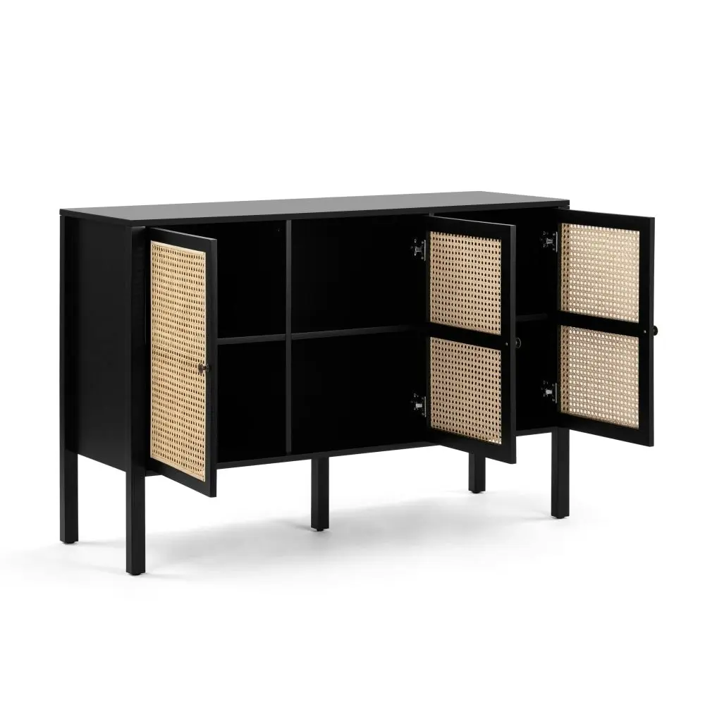 Design Square Lucien Sideboard Buffet Unit Storage Cabinet W/ 3-Doors - Black/Rattan