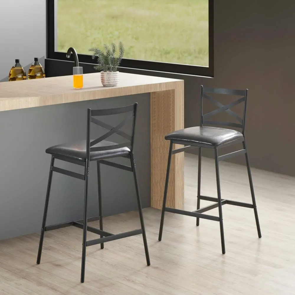 Set Of 2 Connie Metal Frame PU Seat Kitchen Counter Bar Stool - Black