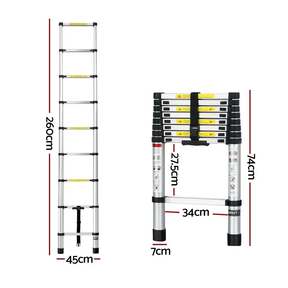 Giantz 2.6M Telescopic Ladder Aluminium Extension Extendable Steps Adjustable