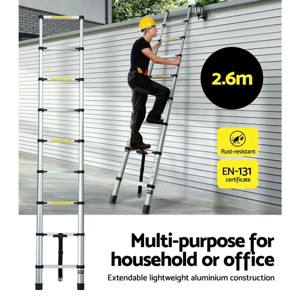 Giantz 2.6M Telescopic Ladder Aluminium Extension Extendable Steps Adjustable