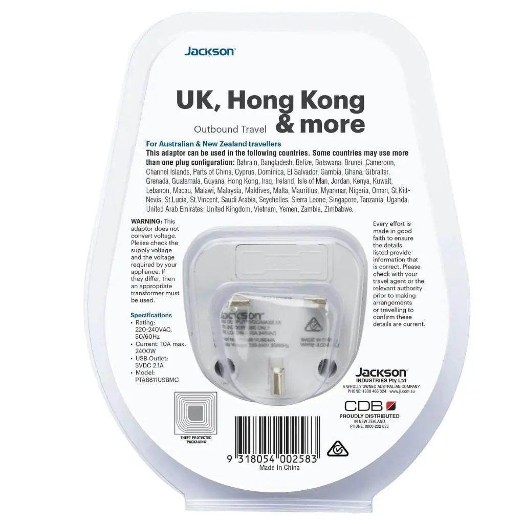 Jackson Outbound Slim USB-A & C Travel Adaptor AUS to UK & HK