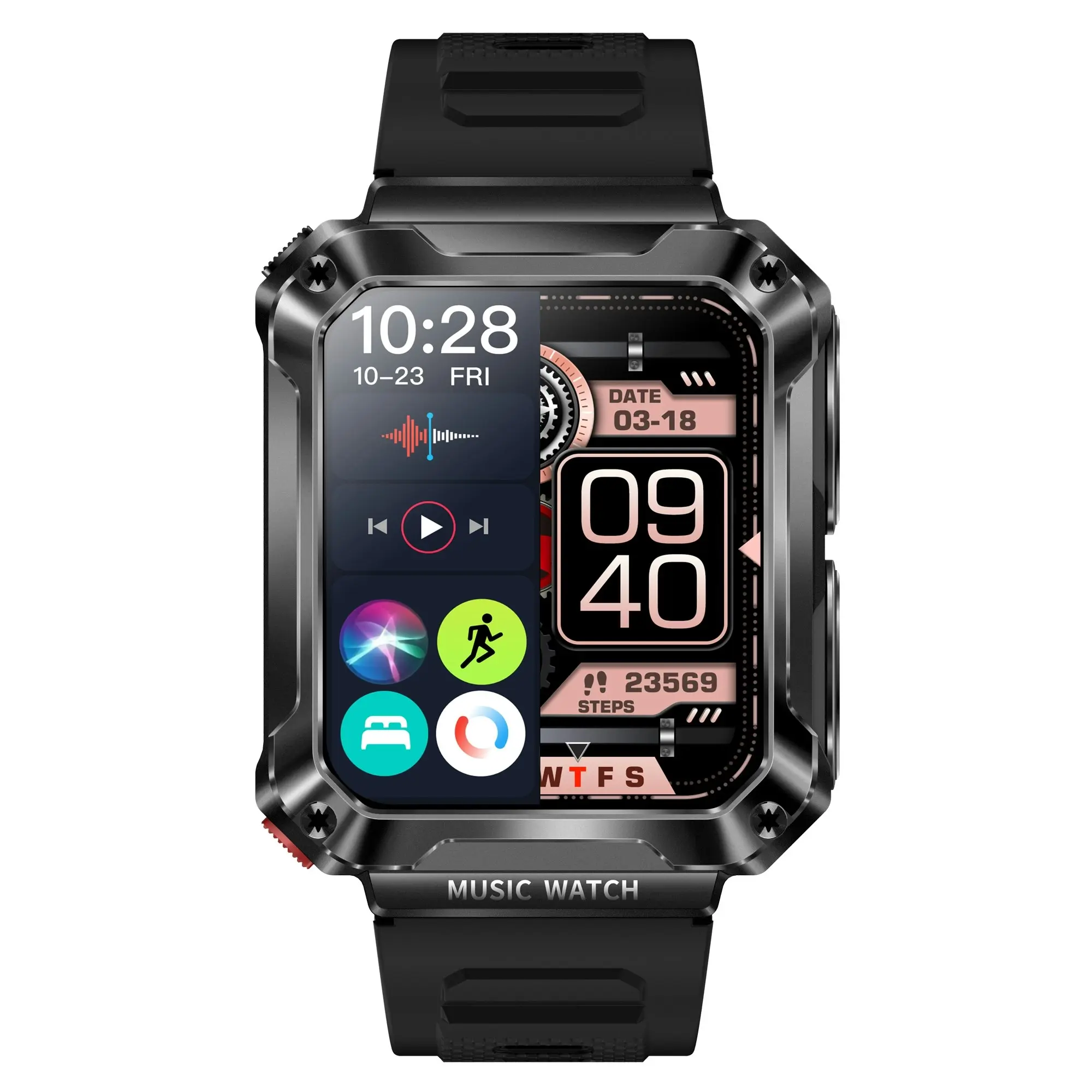 2 in 1 Bluetooth Smart Watch TWS Wireless Earphones 1.96" Touch Screen BT 5.0 Music - Black