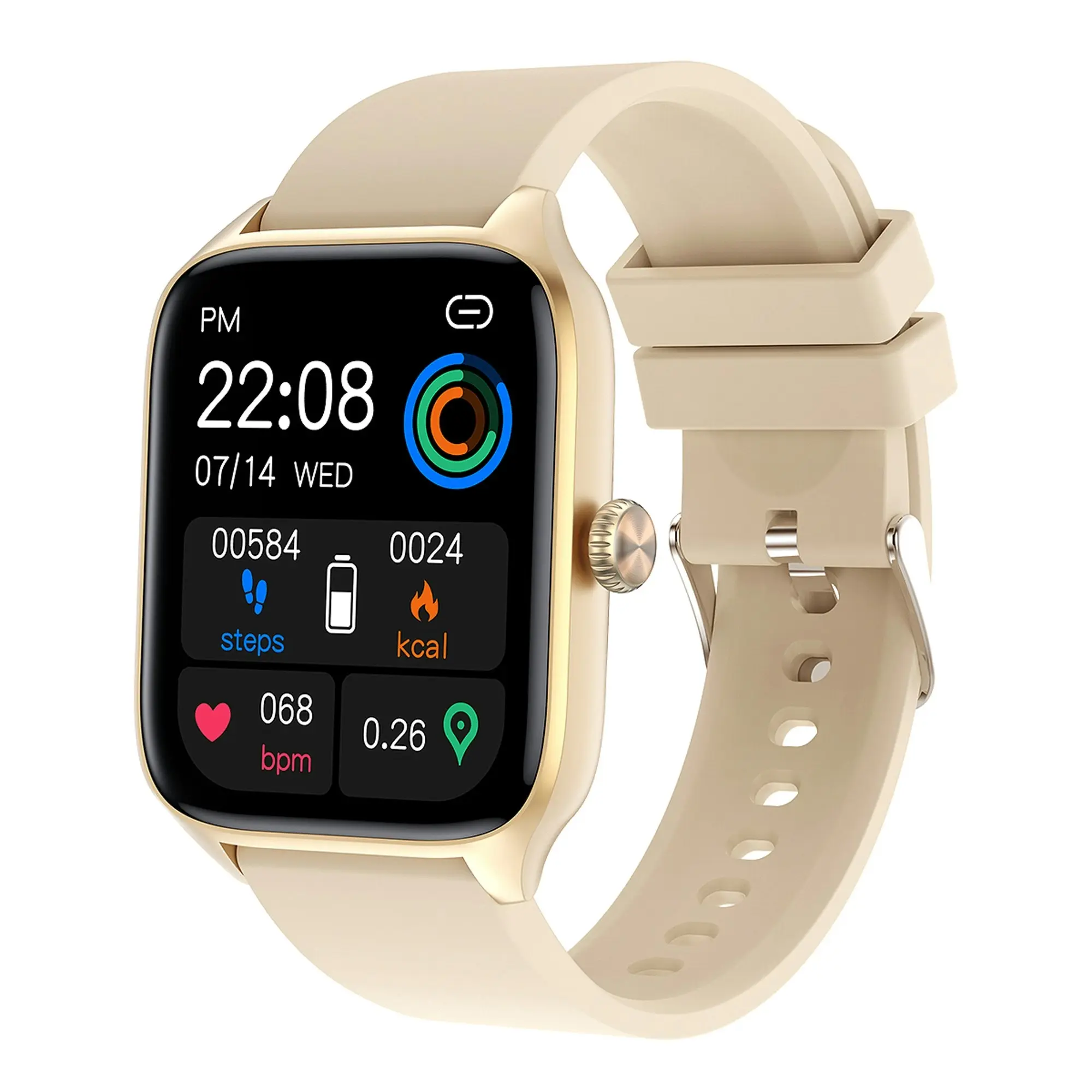 Bluetooth Smart Watch 1.96" IPS FHD Touch Screen Monitor Heart Rate Blood Pressure BT 5.2 - Beige