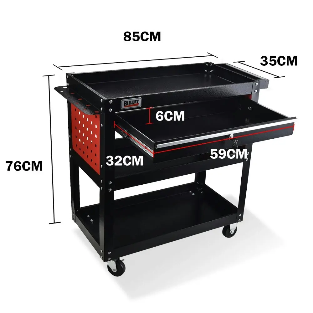 Bullet 3-Tier Steel Tool Trolley Cart, for Workshop, Mechanic, with Drawer, Pegboard, Screwdriver Bay, Black/Red