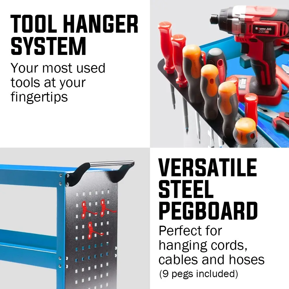 Bullet 3-Tier Steel Tool Trolley Cart, for Workshop, Mechanic, with Pegboard, Screwdriver Bay, Blue