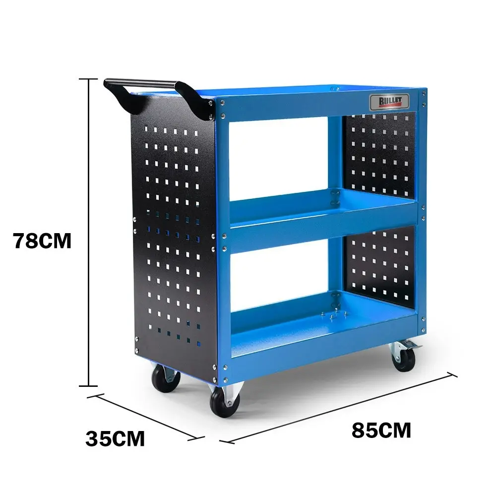 Bullet 3-Tier Steel Tool Trolley Cart, for Workshop, Mechanic, with Pegboard, Screwdriver Bay, Blue