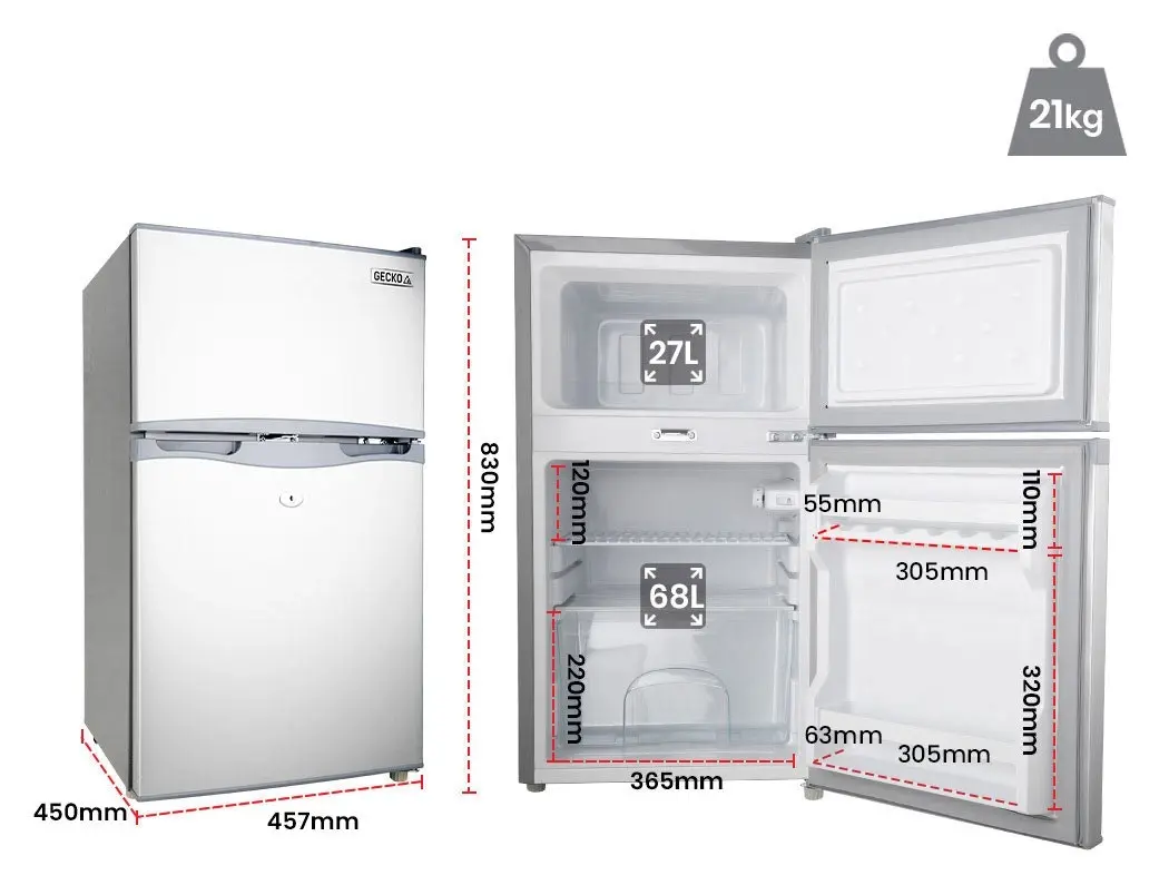 Gecko 95L Portable Fridge Freezer Camping Motorhome Caravan Upright Fridges 12V/24V/240V, Silver