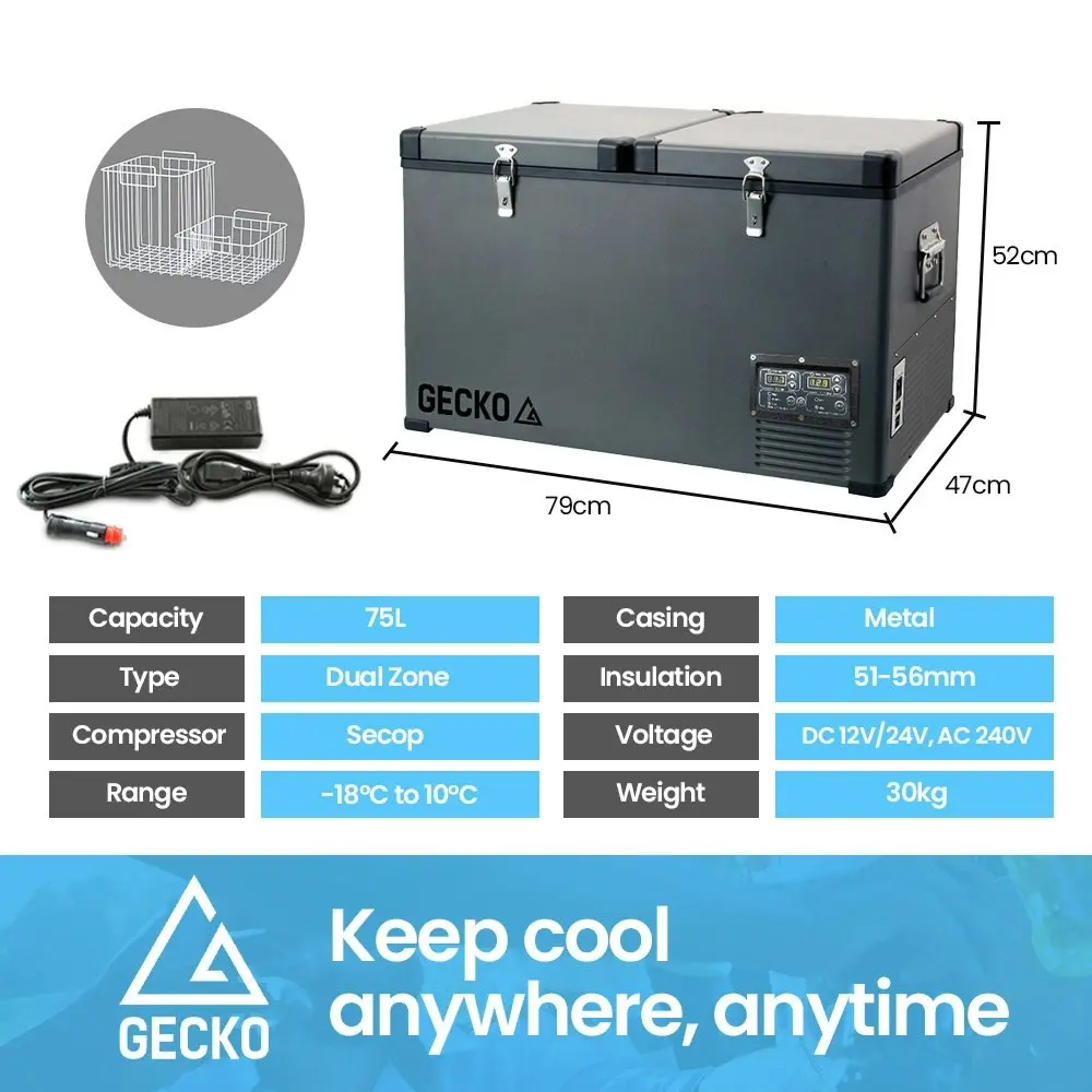 Gecko 75L Dual Zone Portable Fridge / Freezer, SECOP German Brand Compressor, for Camping, Car, Caravan