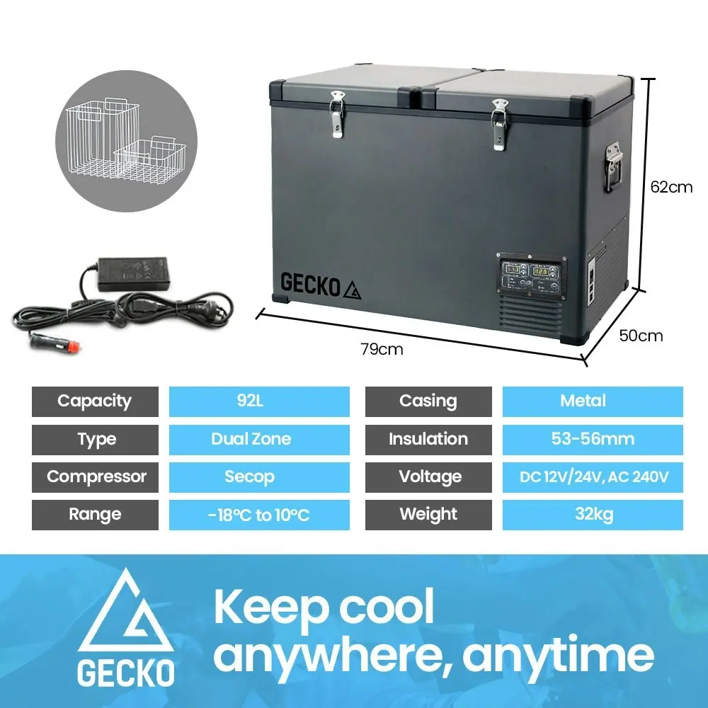 Gecko 92L Dual Zone Portable Fridge / Freezer, SECOP German Brand Compressor, for Camping, Car, Caravan