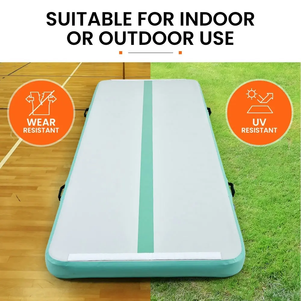 Proflex 800x100x20cm Inflatable Air Track Mat Tumbling Gymnastics, Mint & Grey, with Electric Pump